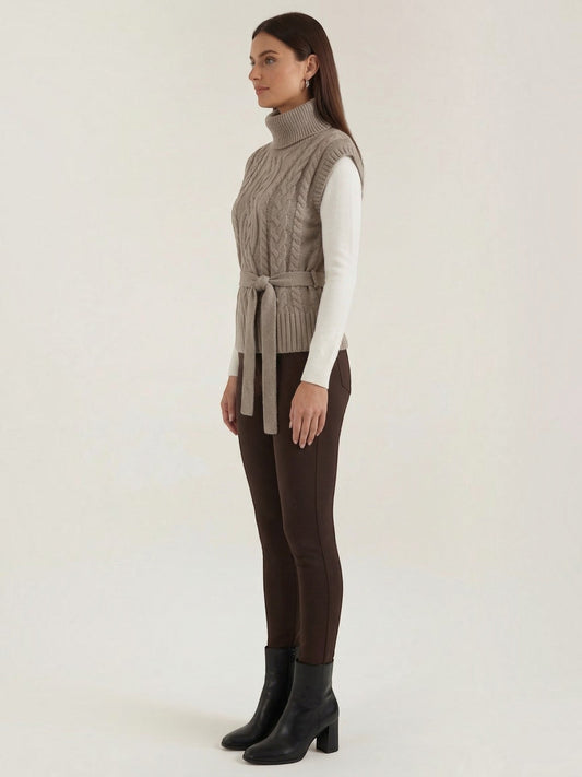 Wendy Cable Knit Turtleneck Belted Vest