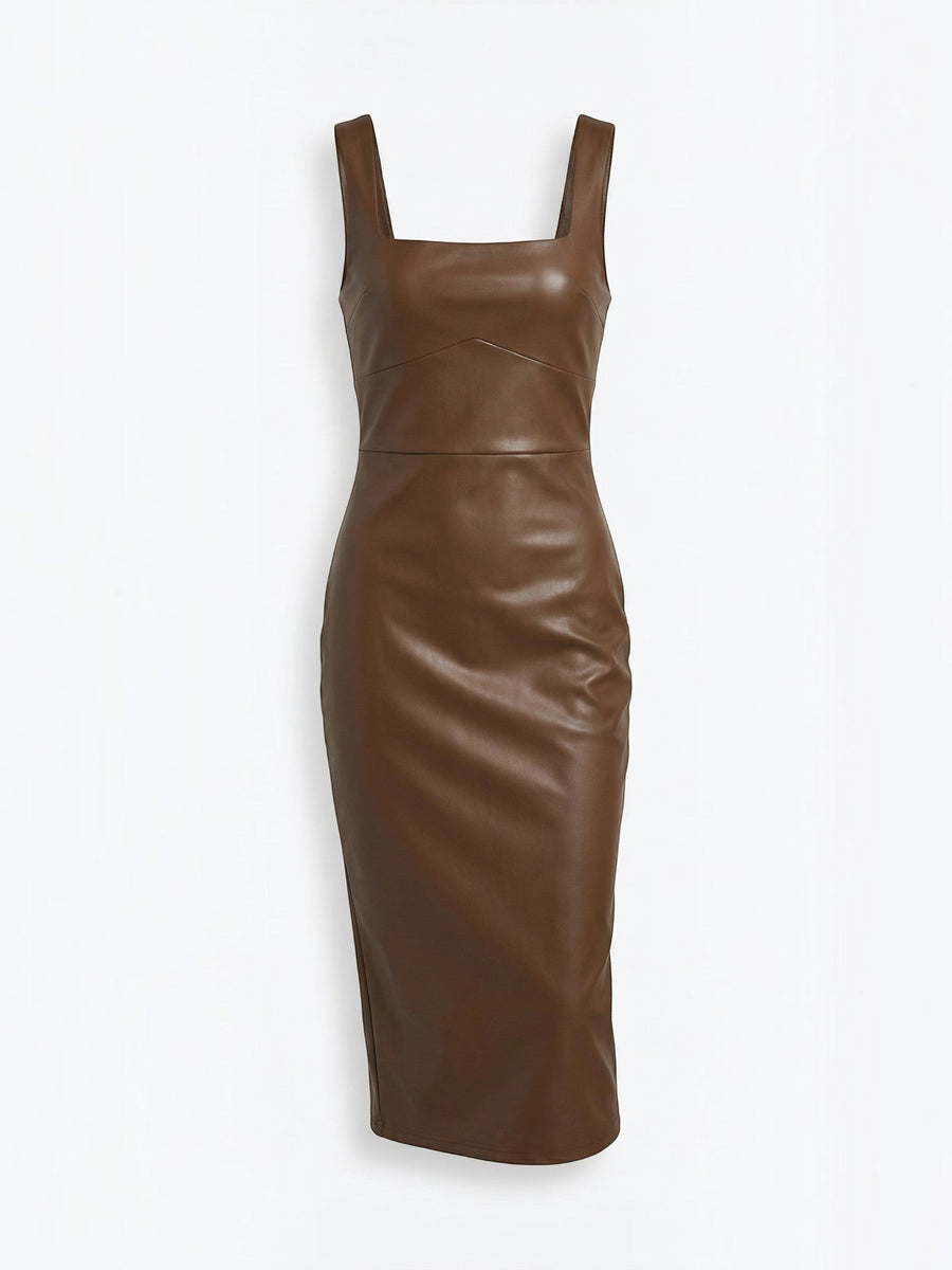 Yvonne Faux Leather Square Neck Midi Dress