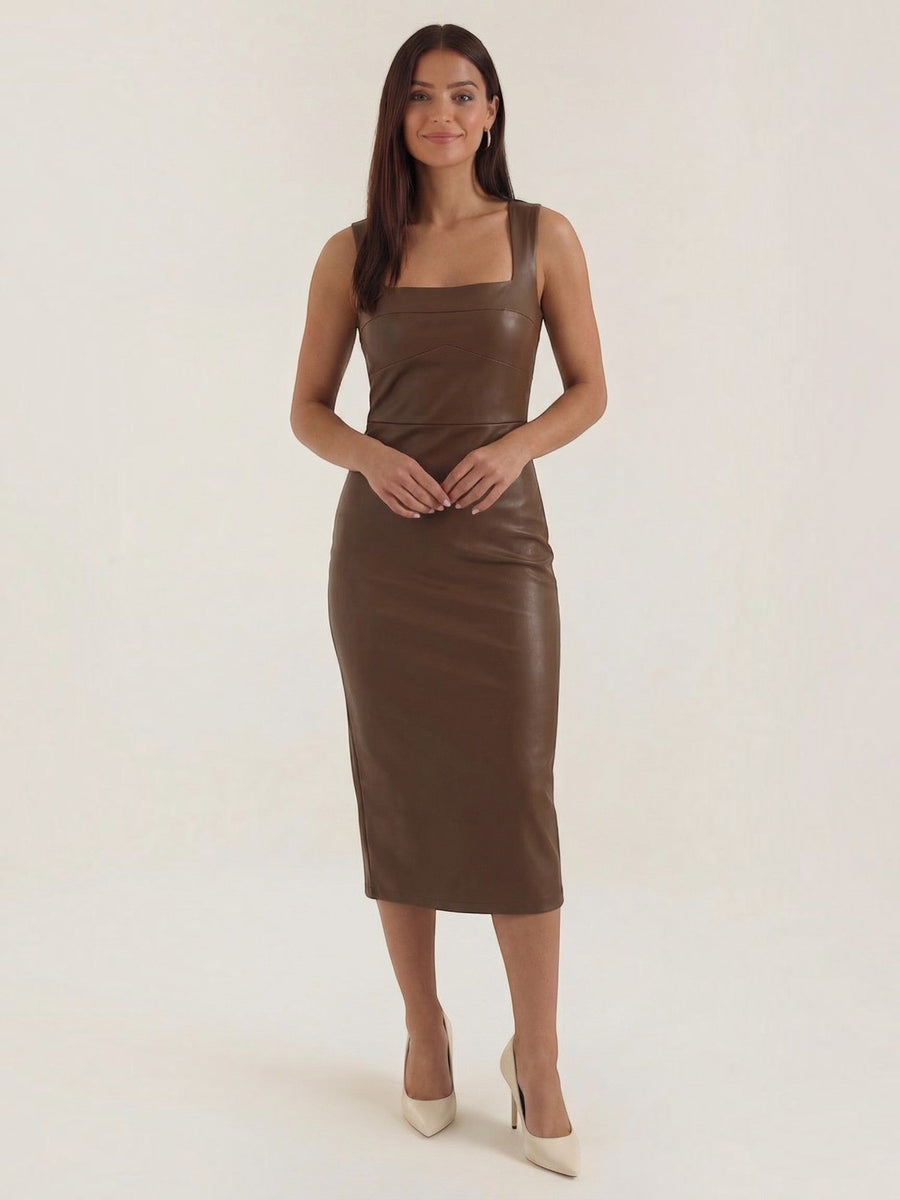 Yvonne Faux Leather Square Neck Midi Dress