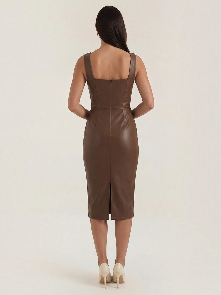 Yvonne Faux Leather Square Neck Midi Dress