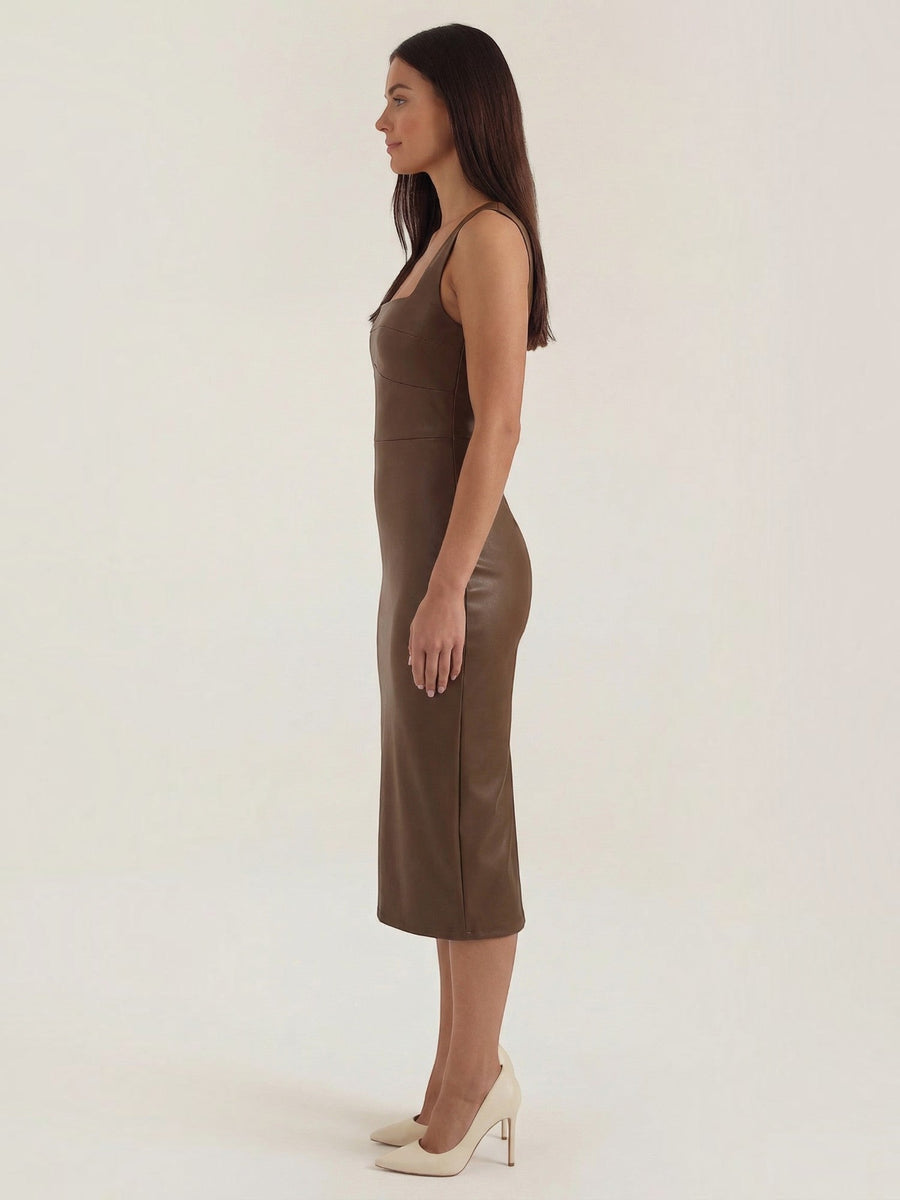 Yvonne Faux Leather Square Neck Midi Dress