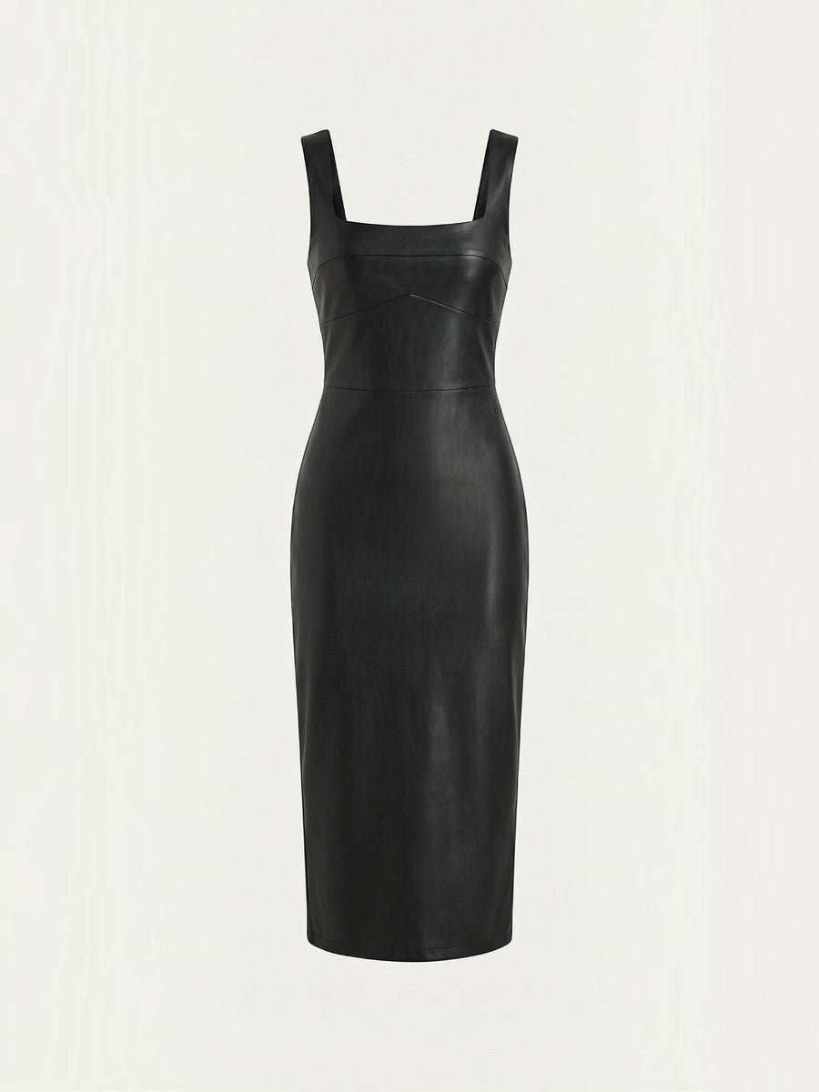 Yvonne Faux Leather Square Neck Midi Dress