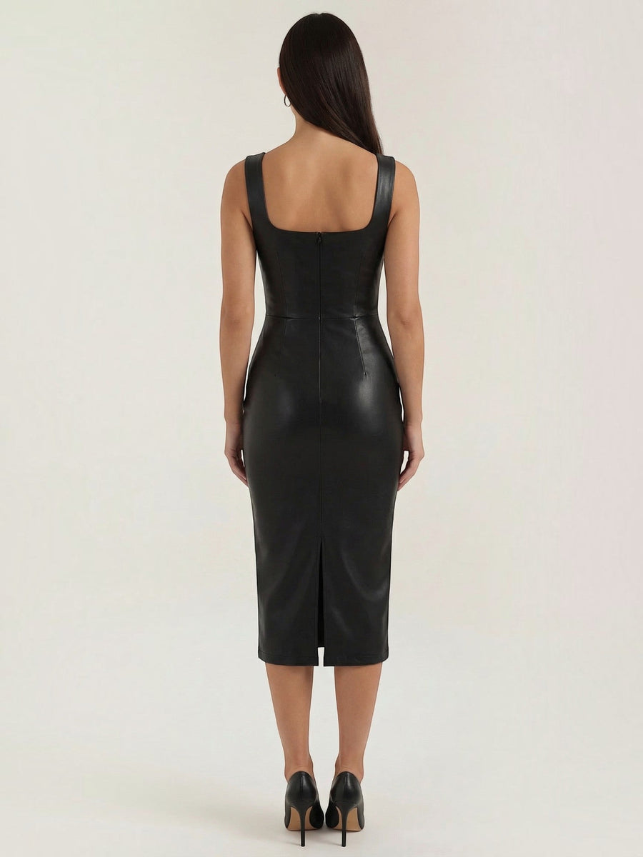 Yvonne Faux Leather Square Neck Midi Dress
