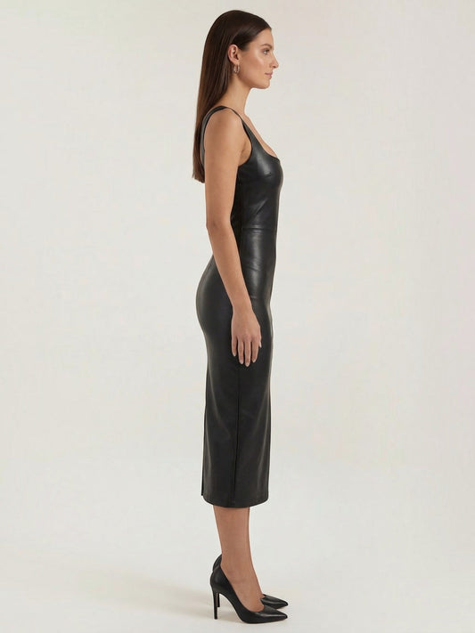 Yvonne Faux Leather Square Neck Midi Dress