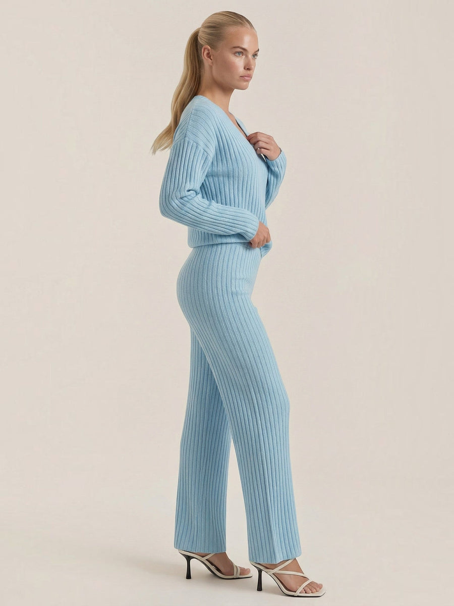Matilda Ribbed V Neck Sweater and Pants Set