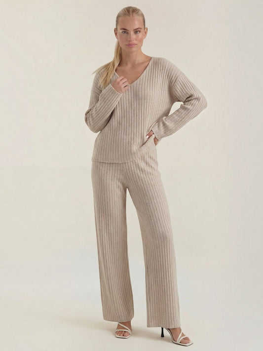 Matilda Ribbed V Neck Sweater and Pants Set