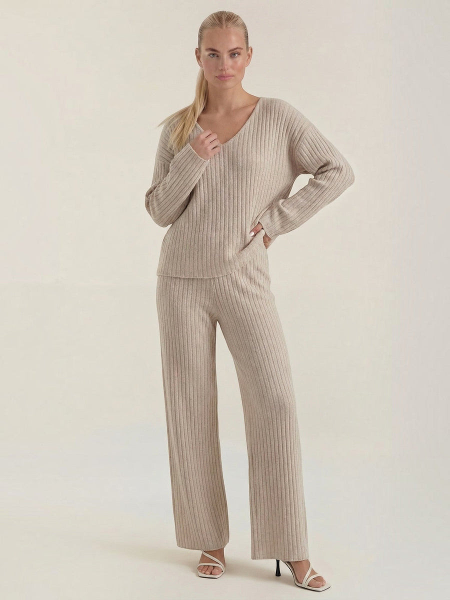 Matilda Ribbed V Neck Sweater and Pants Set