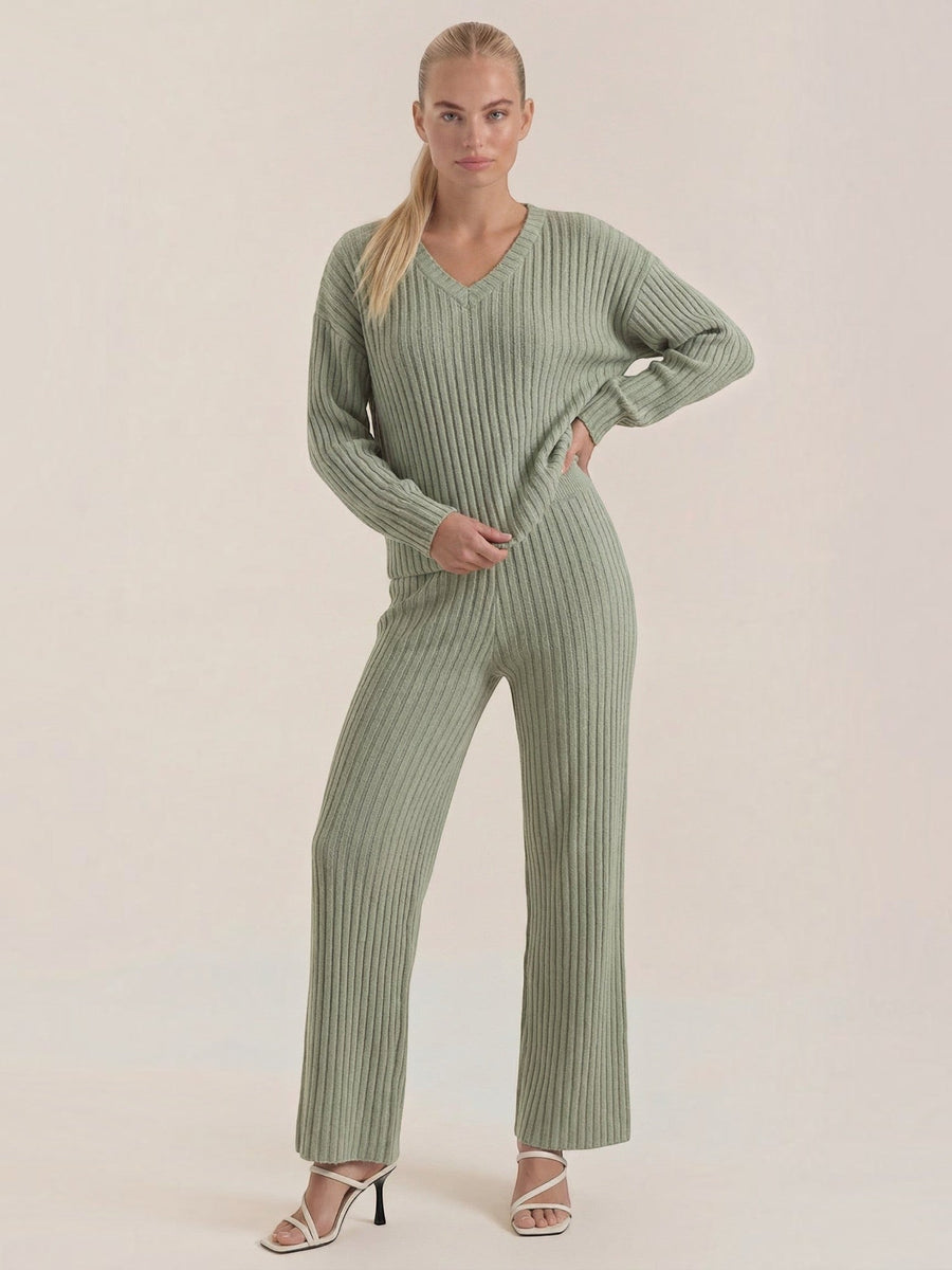 Matilda Ribbed V Neck Sweater and Pants Set