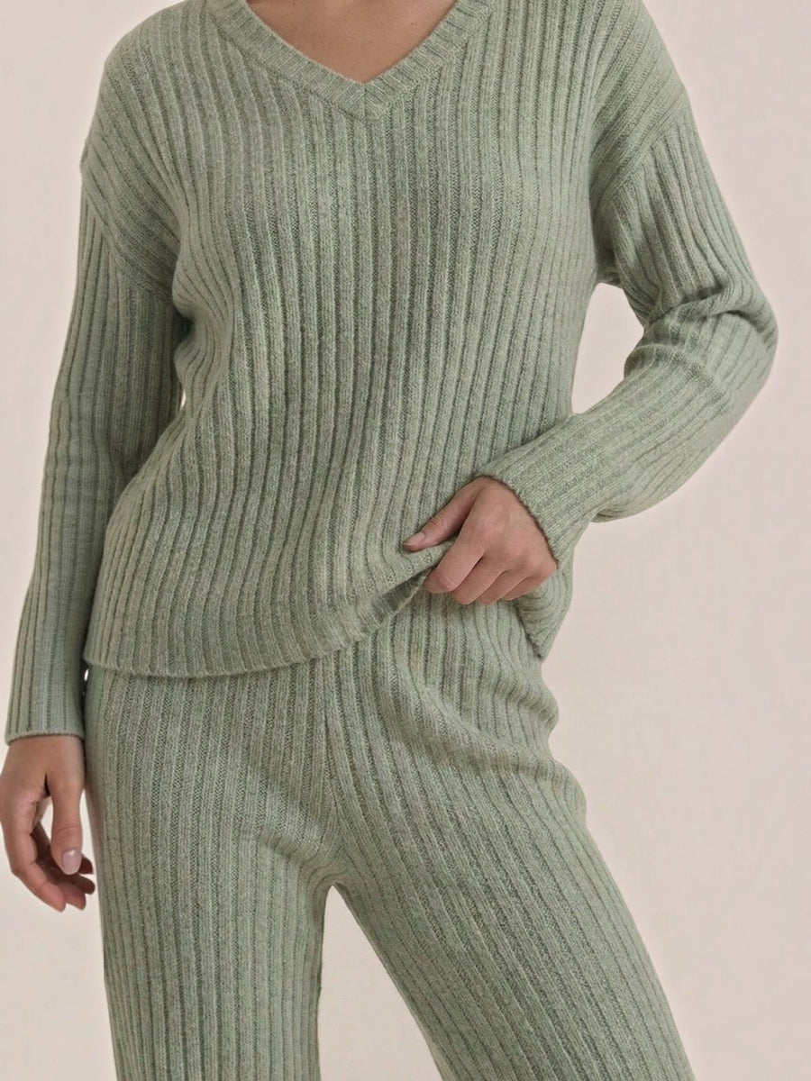 Matilda Ribbed V Neck Sweater and Pants Set