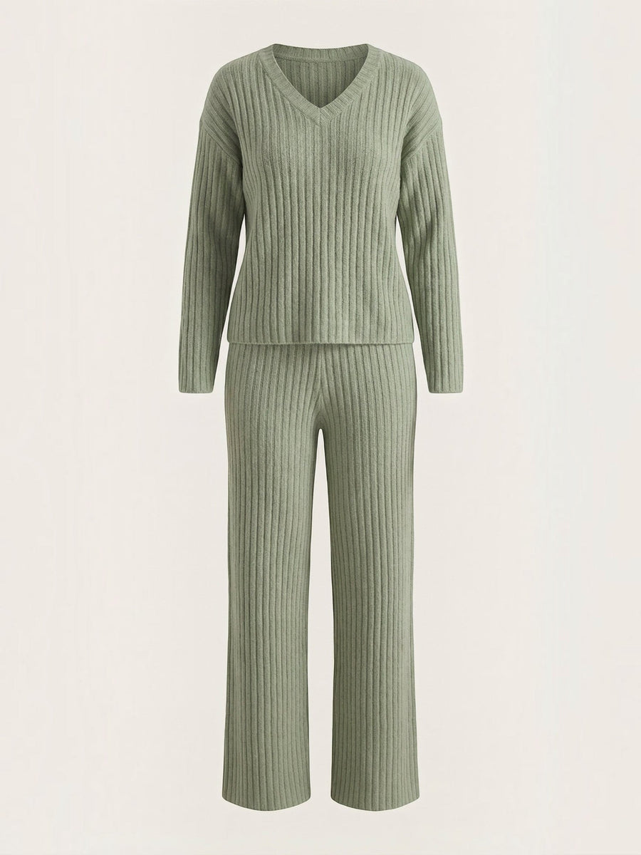 Matilda Ribbed V Neck Sweater and Pants Set