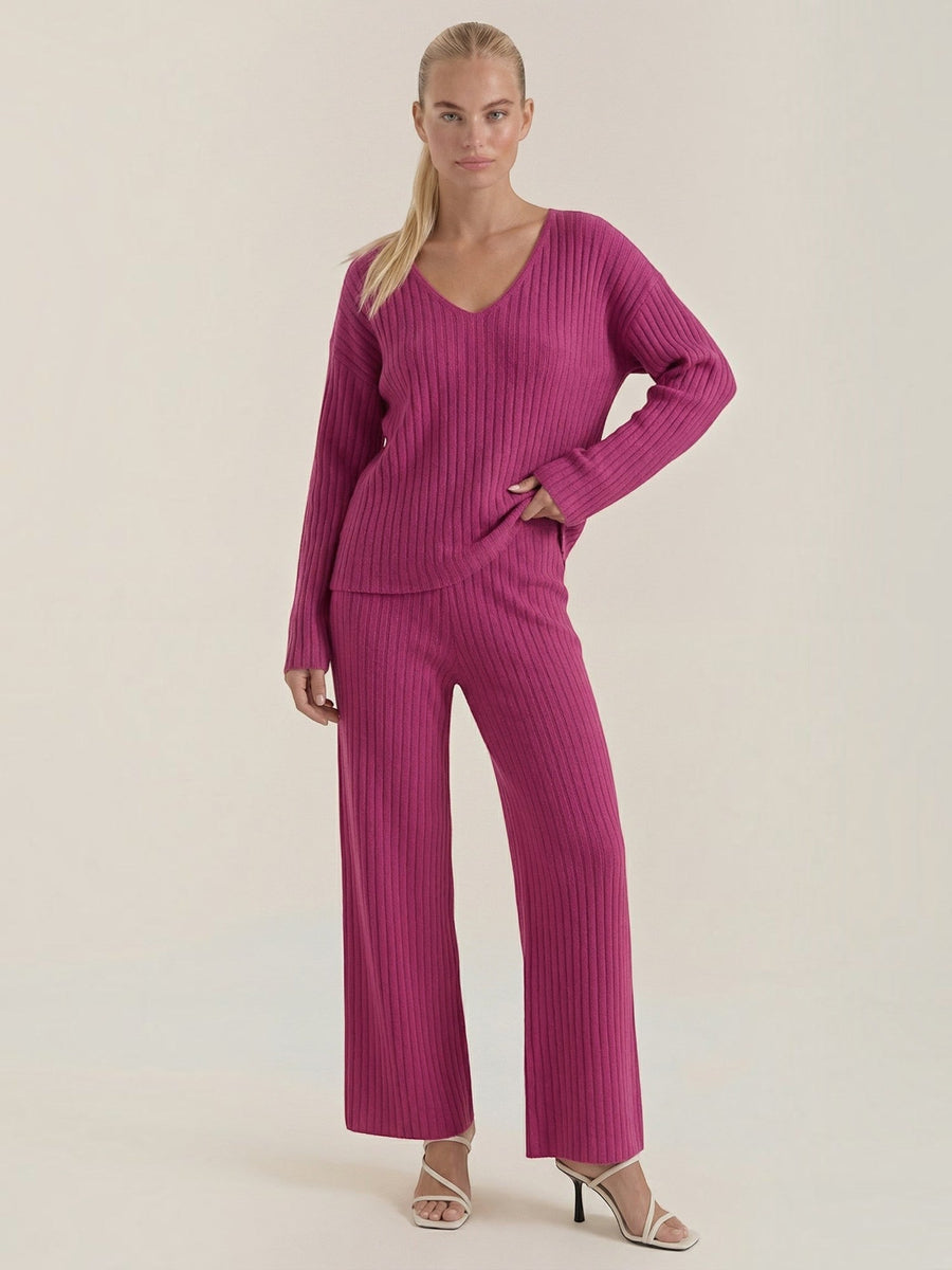 Matilda Ribbed V Neck Sweater and Pants Set