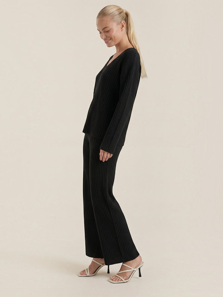 Matilda Ribbed V Neck Sweater and Pants Set