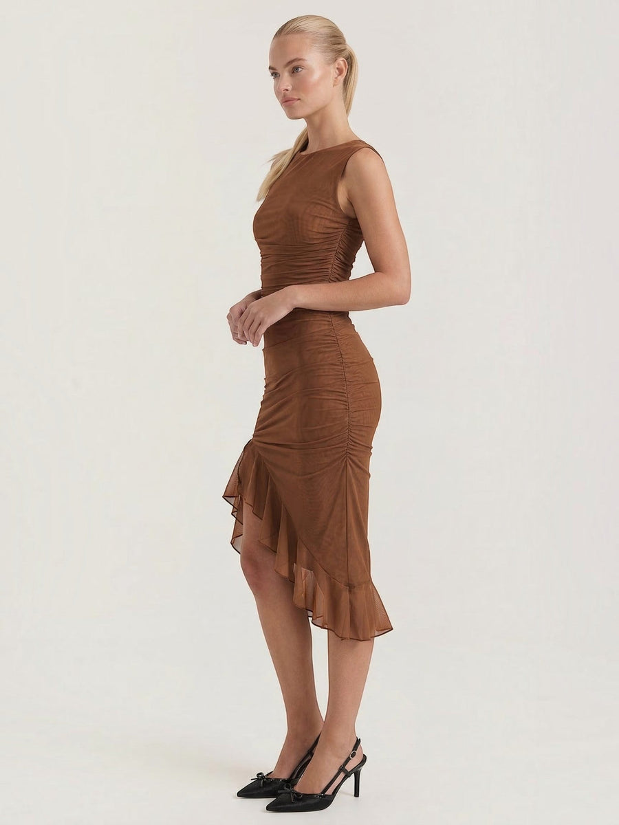 Ramona Asymmetric Ruffle Hem Midi Dress