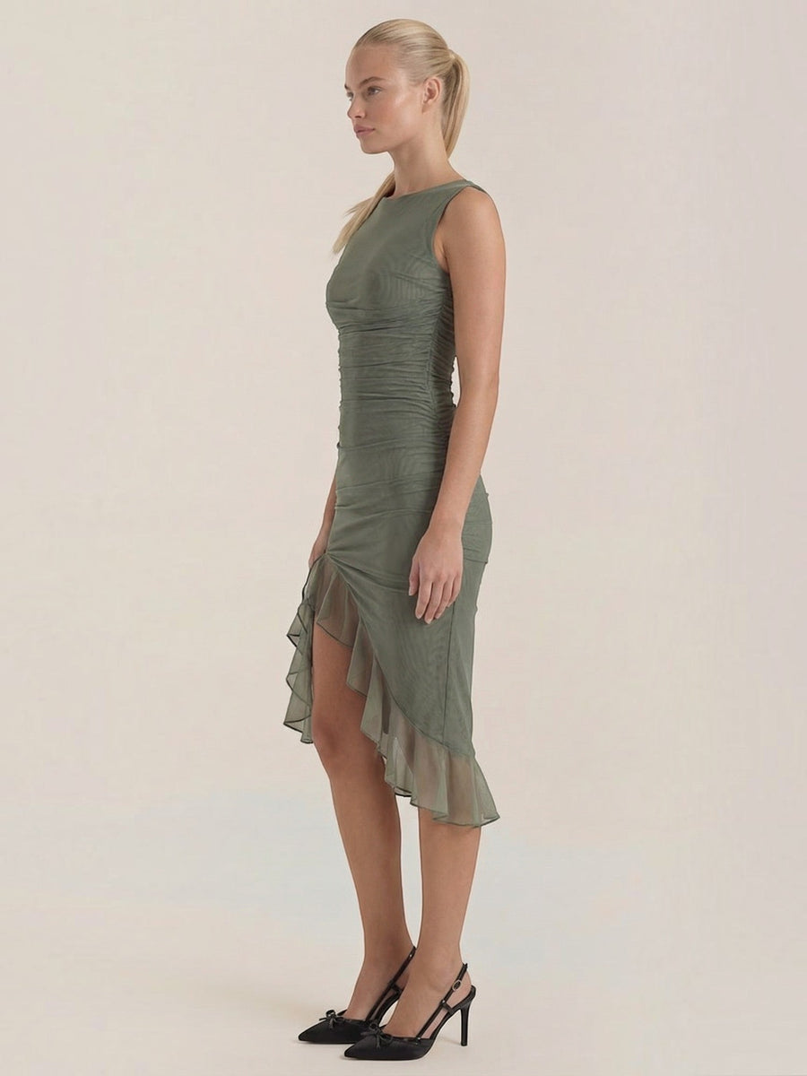 Ramona Asymmetric Ruffle Hem Midi Dress