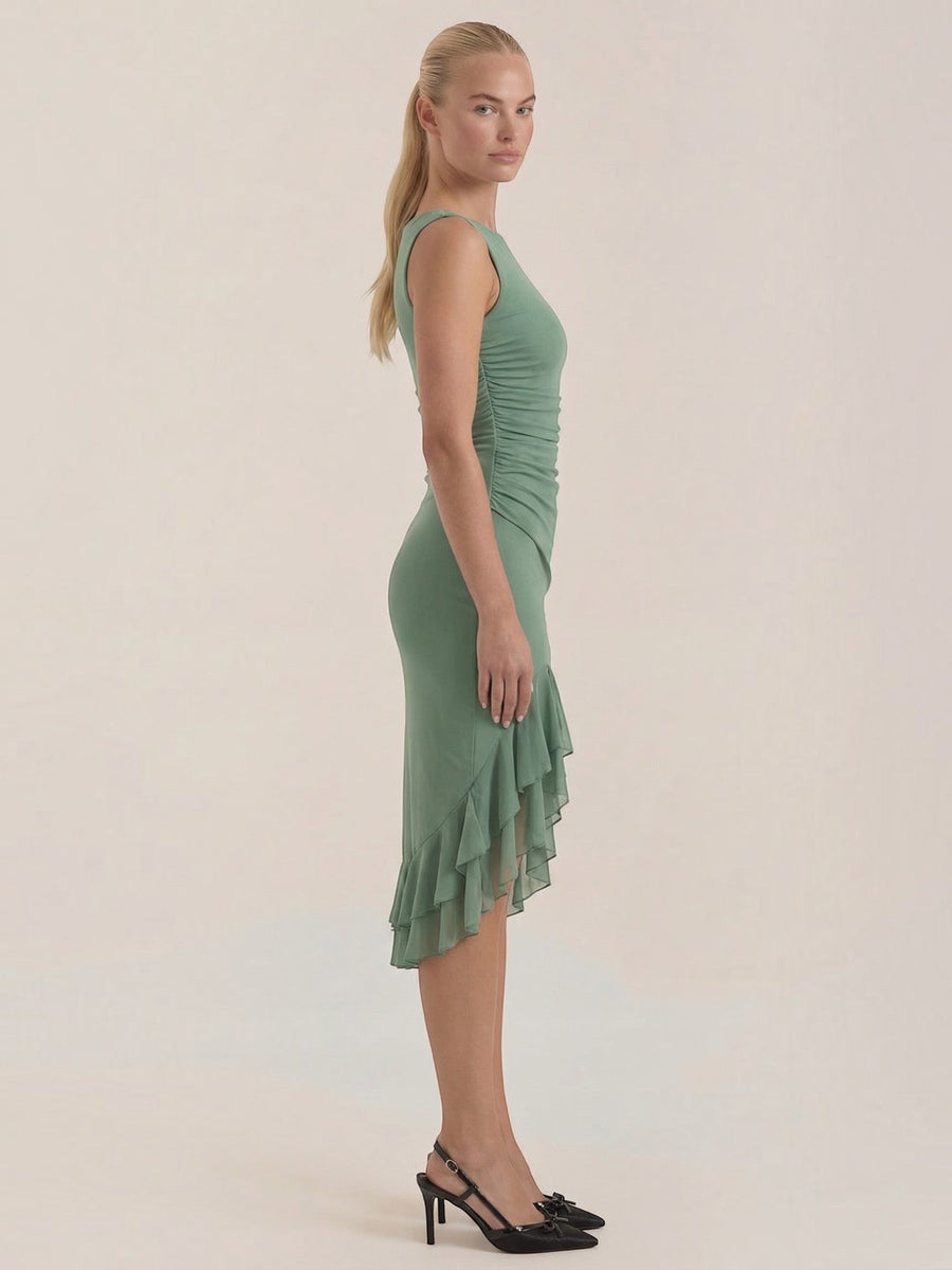 Ramona Asymmetric Ruffle Hem Midi Dress