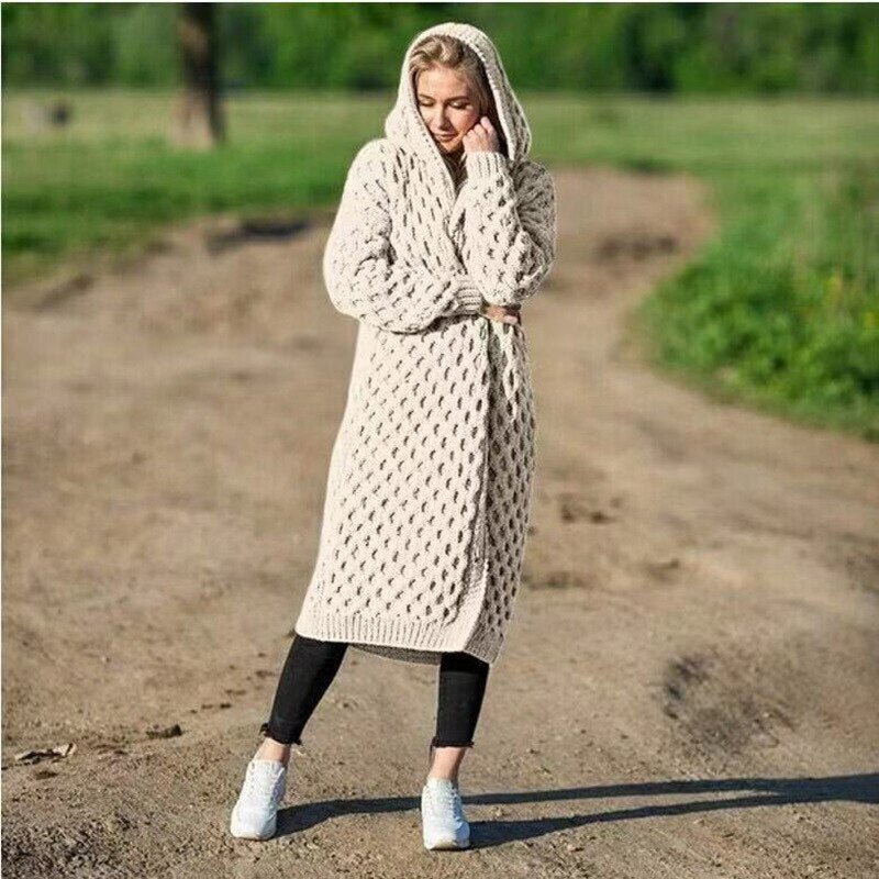 Maike Long Cable Knit Belted Hooded Cardigan