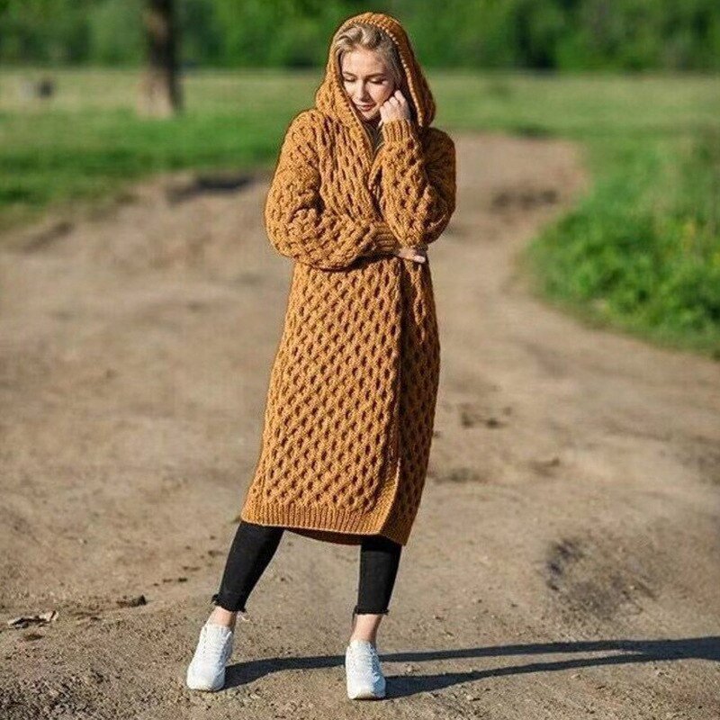 Maike Long Cable Knit Belted Hooded Cardigan