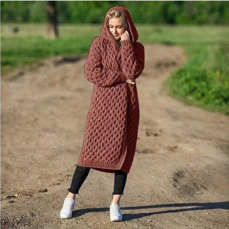 Maike Long Cable Knit Belted Hooded Cardigan
