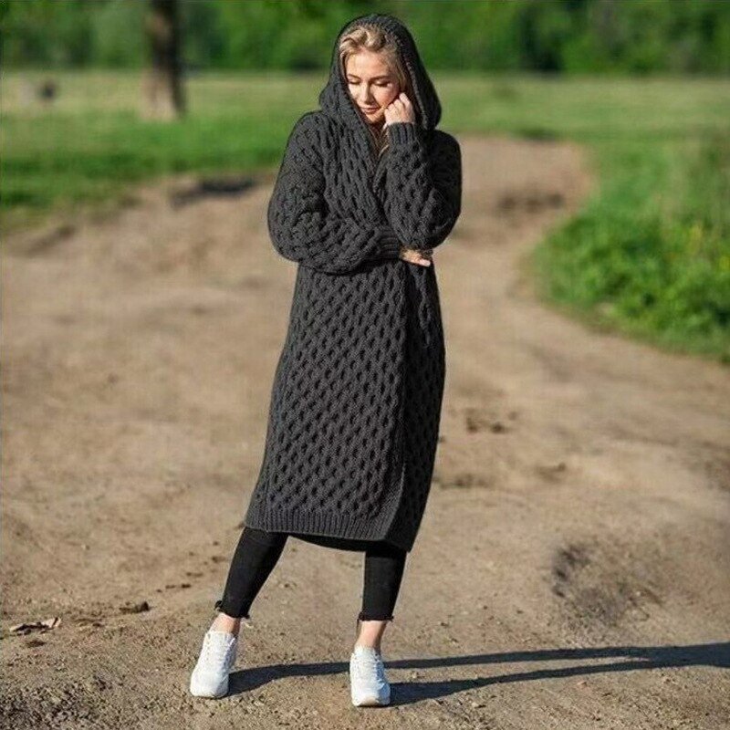 Maike Long Cable Knit Belted Hooded Cardigan