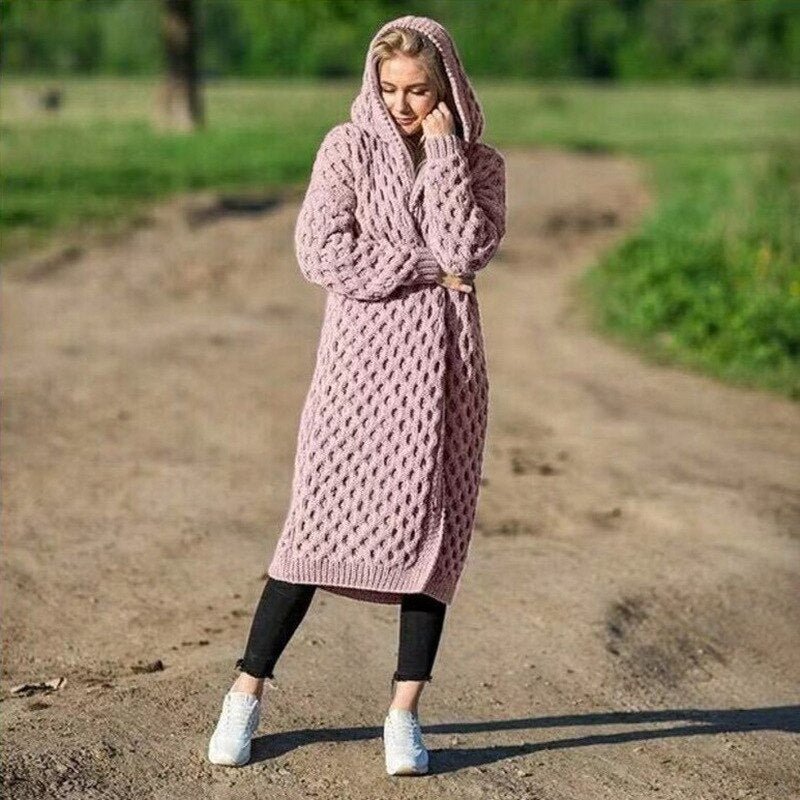 Maike Long Cable Knit Belted Hooded Cardigan