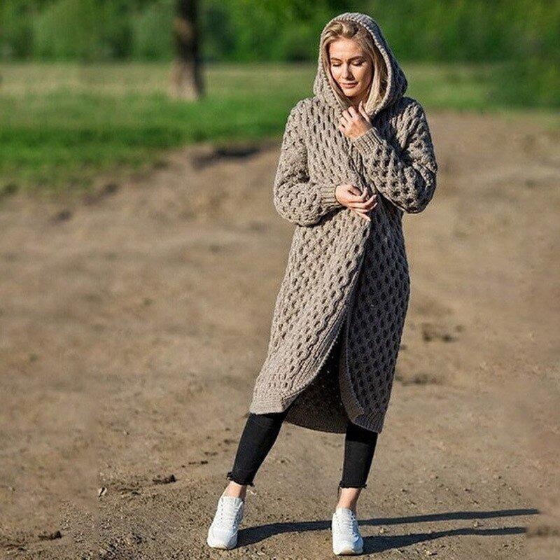 Maike Long Cable Knit Belted Hooded Cardigan
